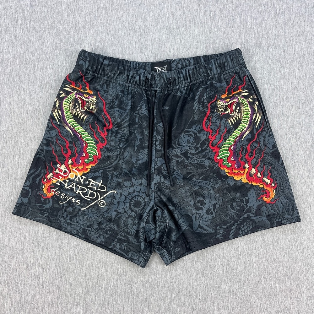Ed Hardy Cobra Flame Mesh Shorts Mens S Gray/Black 5" Inseam Basketball Workout